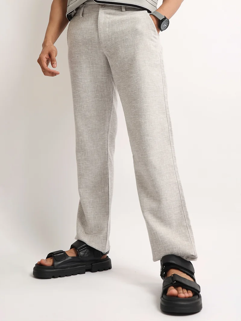 Maniac Maniac Mens Solid Grey Elastic Linen Cotton Blend Trouser